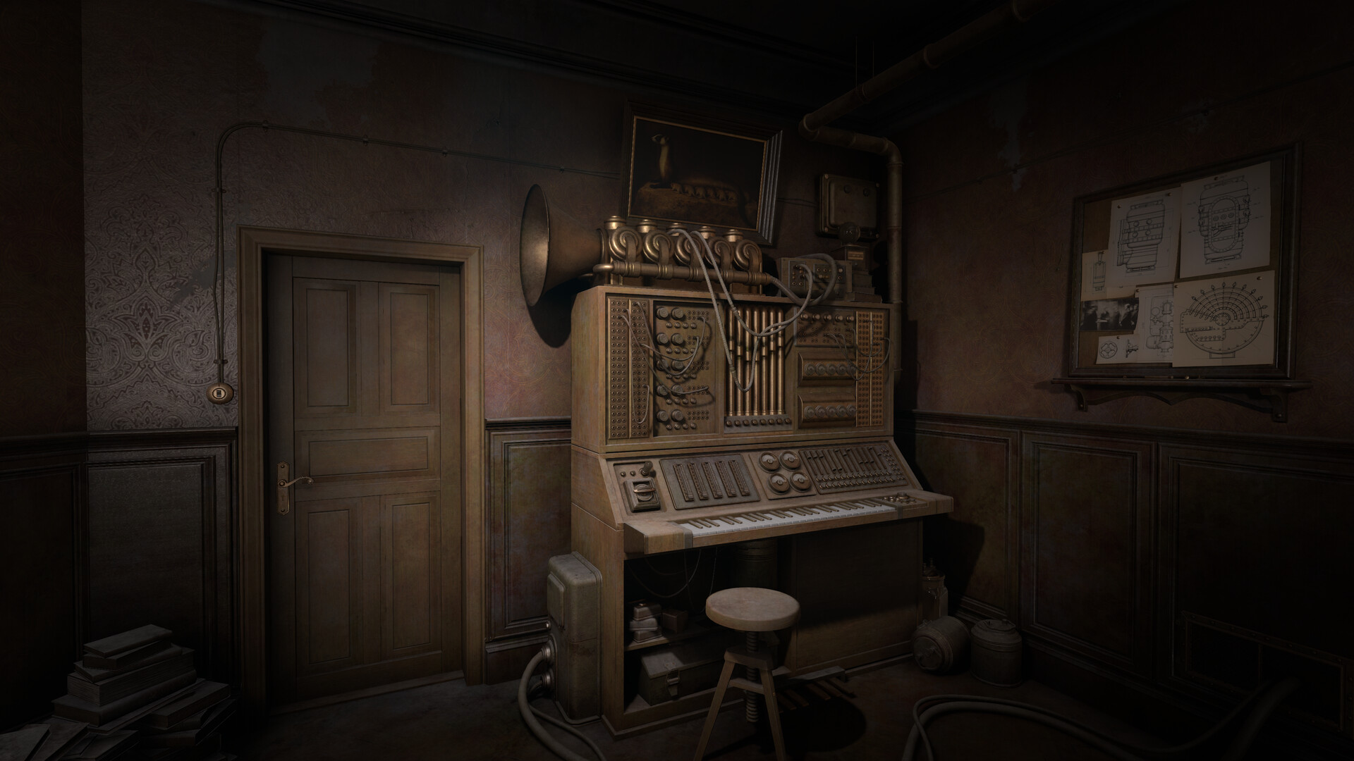 Official promotional image. Steam screenshot 2 of 8: a wooden console with a keyboard, dials, and a horn speaker beside a closed door.