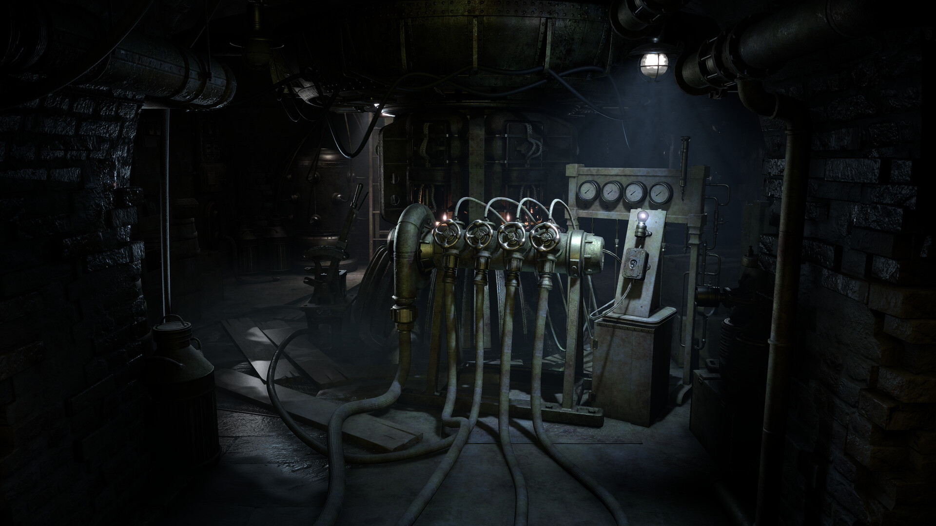 Official promotional image. Steam screenshot 5 of 8: a dark brick room with a row of valves, hoses, and gauges.